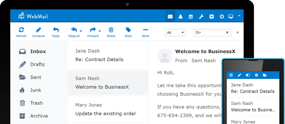 Bandeja de correo web de Business Email en un computador y un celular