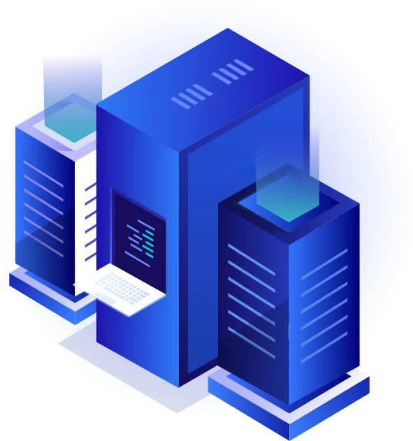 Servidores en un centro de datos conectados a una red, sobre una base de hosting Windows