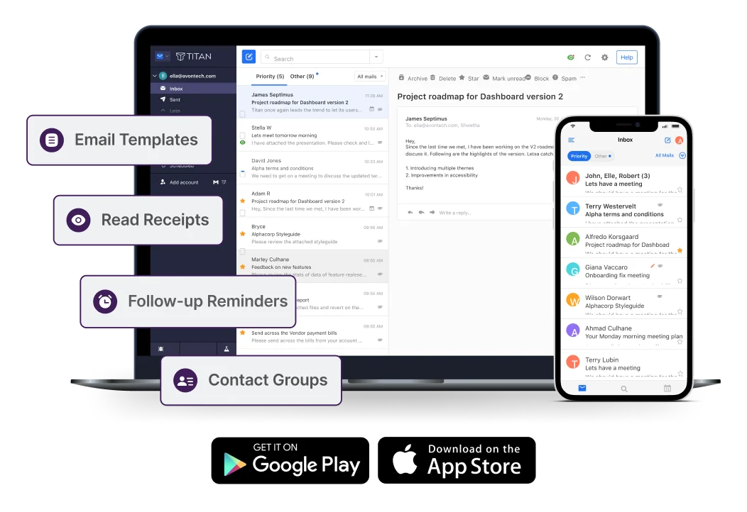 Titan Email abierto en un computador portátil y en un celular