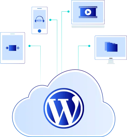 WordPress en la nube conectado a un computador, una tableta y un celular